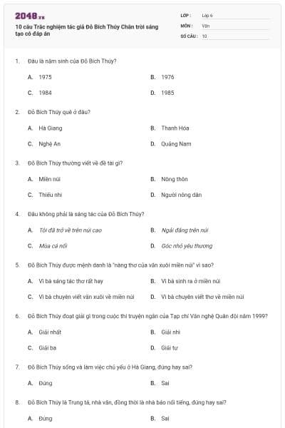 10 câu Trắc nghiệm tác giả Đỗ Bích Thúy Chân trời sáng tạo có đáp án