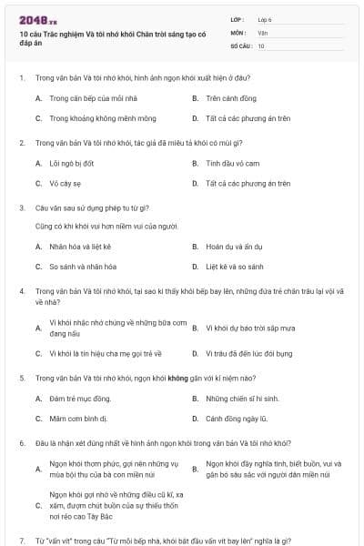 10 câu Trắc nghiệm Và tôi nhớ khói Chân trời sáng tạo có đáp án