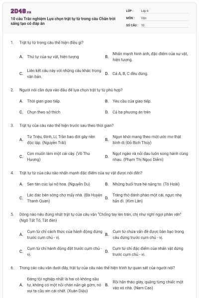 10 câu Trắc nghiệm Lựa chọn trật tự từ trong câu Chân trời sáng tạo có đáp án