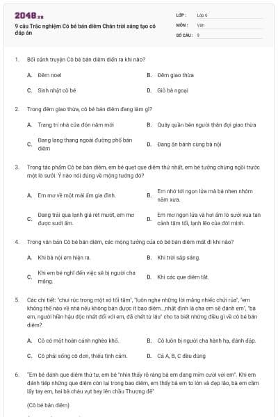 9 câu Trắc nghiệm Cô bé bán diêm Chân trời sáng tạo có đáp án