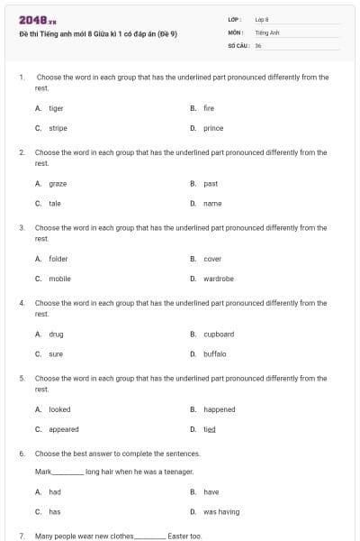 Đề thi Tiếng anh mới 8 Giữa kì 1 có đáp án (Đề 9)