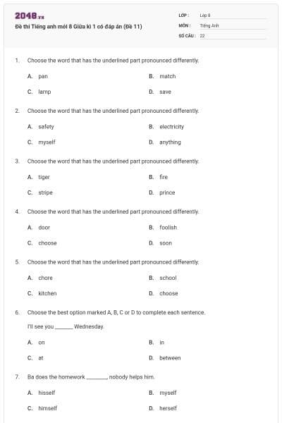 Đề thi Tiếng anh mới 8 Giữa kì 1 có đáp án (Đề 11)