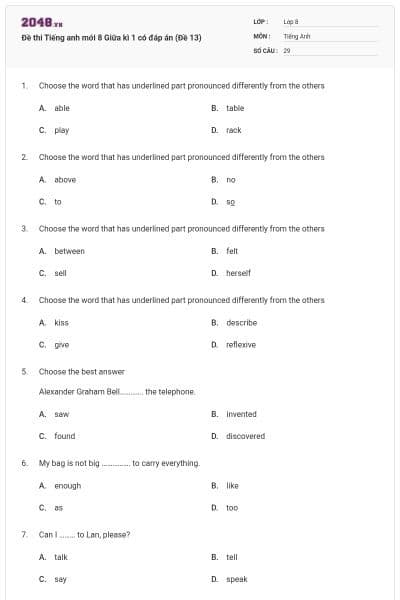 Đề thi Tiếng anh mới 8 Giữa kì 1 có đáp án (Đề 13)