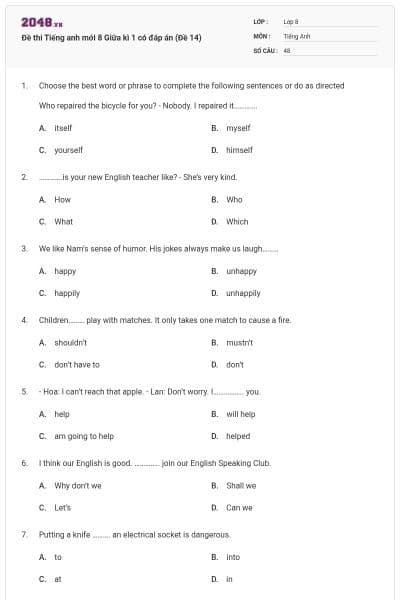 Đề thi Tiếng anh mới 8 Giữa kì 1 có đáp án (Đề 14)