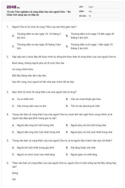 10 câu Trắc nghiệm Lễ cúng thần lúa của người Chơ – Ro Chân trời sáng tạo có đáp án