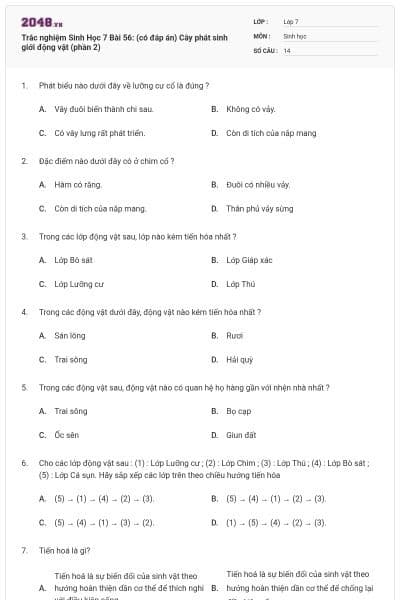 Trắc nghiệm Sinh Học 7 Bài 56: (có đáp án) Cây phát sinh giới động vật (phần 2)