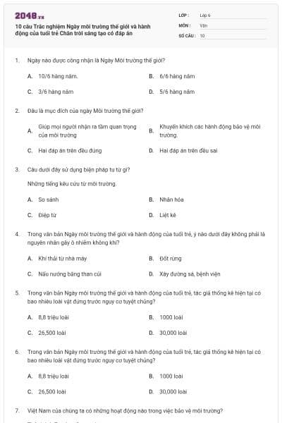 10 câu Trắc nghiệm Ngày môi trường thế giới và hành động của tuổi trẻ Chân trời sáng tạo có đáp án