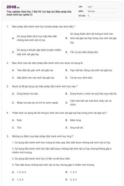 Trắc nghiệm Sinh Học 7 Bài 59: (có đáp án) Biện pháp đấu tranh sinh học (phần 2)
