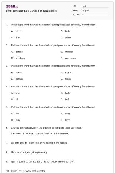 Đề thi Tiếng anh mới 9 Giữa kì 1 có đáp án (Đề 2)