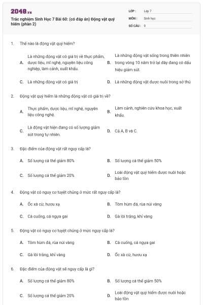 Trắc nghiệm Sinh Học 7 Bài 60: (có đáp án) Động vật quý hiếm (phần 2)