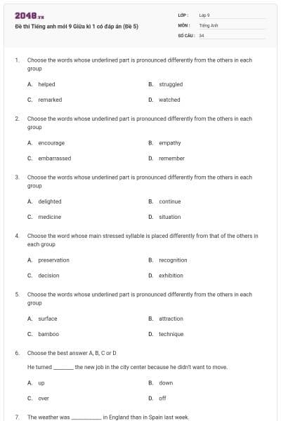 Đề thi Tiếng anh mới 9 Giữa kì 1 có đáp án (Đề 5)