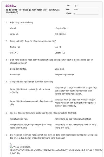 Bộ đề ôn thi THPT Quốc gia môn Vật Lý lớp 11 cực hay, có lời giải (Đề 7)