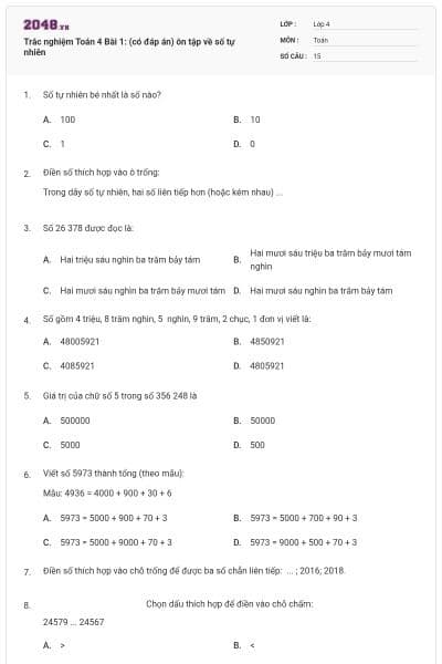 Trắc nghiệm Toán 4 Bài 1: (có đáp án) ôn tập về số tự nhiên