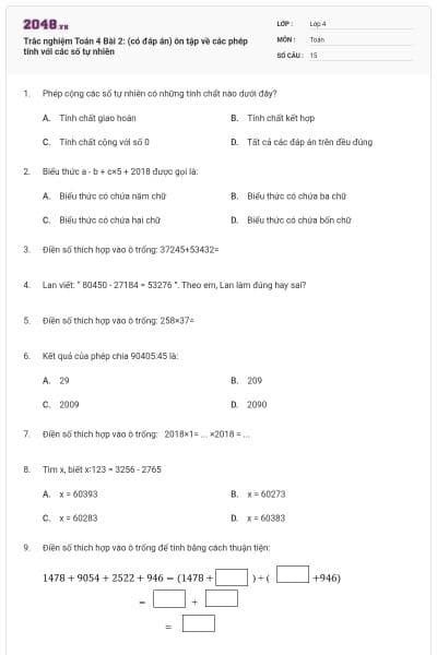 Trắc nghiệm Toán 4 Bài 2: (có đáp án) ôn tập về các phép tính với các số tự nhiên