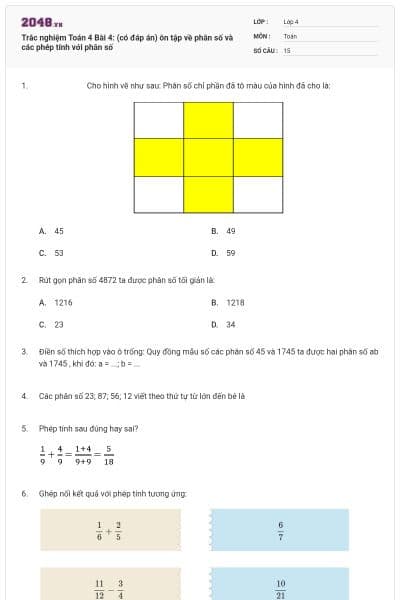 Trắc nghiệm Toán 4 Bài 4: (có đáp án) ôn tập về phân số và các phép tính với phân số