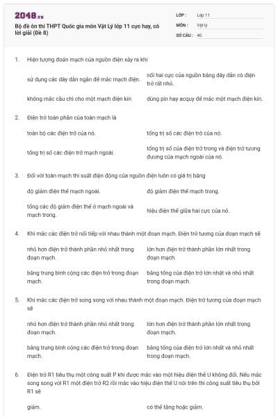 Bộ đề ôn thi THPT Quốc gia môn Vật Lý lớp 11 cực hay, có lời giải (Đề 8)