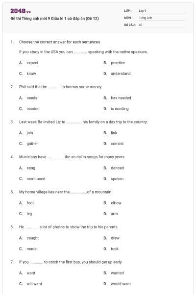Đề thi Tiếng anh mới 9 Giữa kì 1 có đáp án (Đề 12)