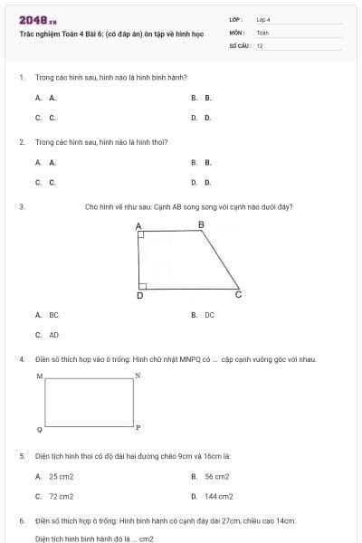 Trắc nghiệm Toán 4 Bài 6: (có đáp án) ôn tập về hình học