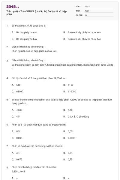 Trắc nghiệm Toán 5 Bài 3: (có đáp án) Ôn tập về số thập phân