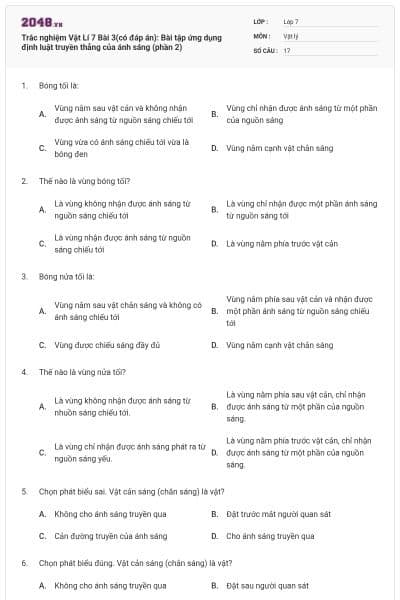 Trắc nghiệm Vật Lí 7 Bài 3(có đáp án): Bài tập ứng dụng định luật truyền thẳng của ánh sáng (phần 2)