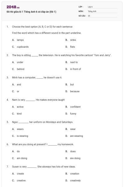 Đề thi giữa kì 1 Tiếng Anh 6 có đáp án (Đề 1)