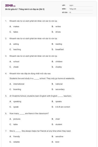 Đề thi giữa kì 1 Tiếng Anh 6 có đáp án (Đề 3)