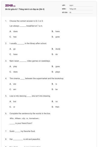 Đề thi giữa kì 1 Tiếng Anh 6 có đáp án (Đề 4)