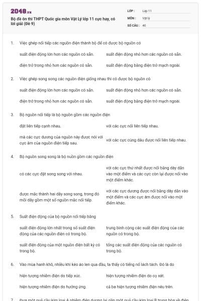 Bộ đề ôn thi THPT Quốc gia môn Vật Lý lớp 11 cực hay, có lời giải (Đề 9)
