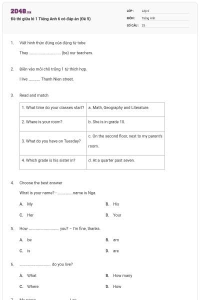 Đề thi giữa kì 1 Tiếng Anh 6 có đáp án (Đề 5)