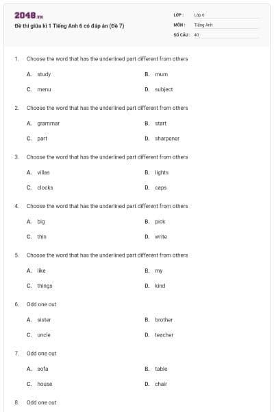 Đề thi giữa kì 1 Tiếng Anh 6 có đáp án (Đề 7)