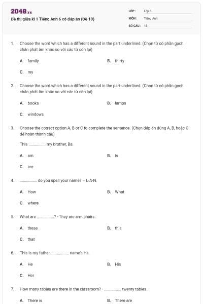 Đề thi giữa kì 1 Tiếng Anh 6 có đáp án (Đề 10)