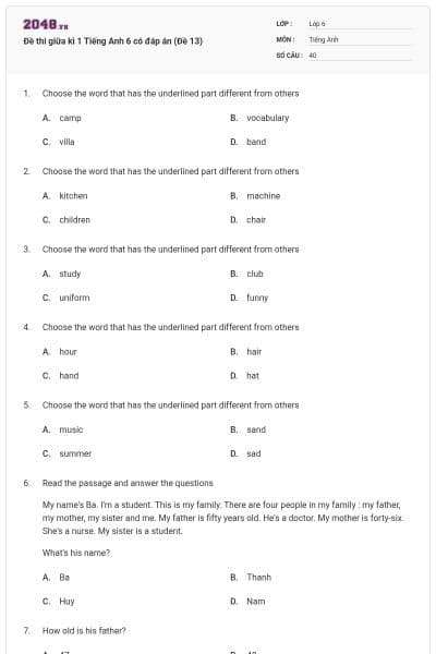 Đề thi giữa kì 1 Tiếng Anh 6 có đáp án (Đề 13)