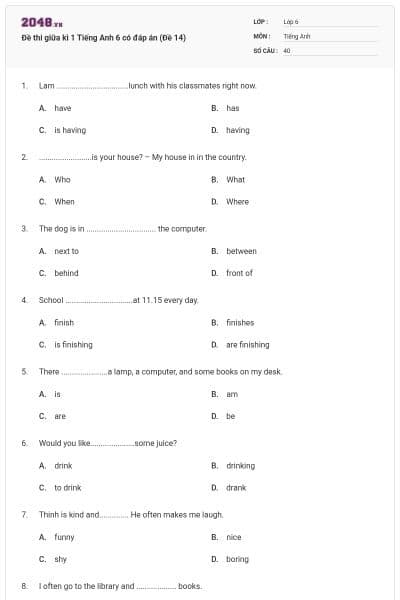 Đề thi giữa kì 1 Tiếng Anh 6 có đáp án (Đề 14)