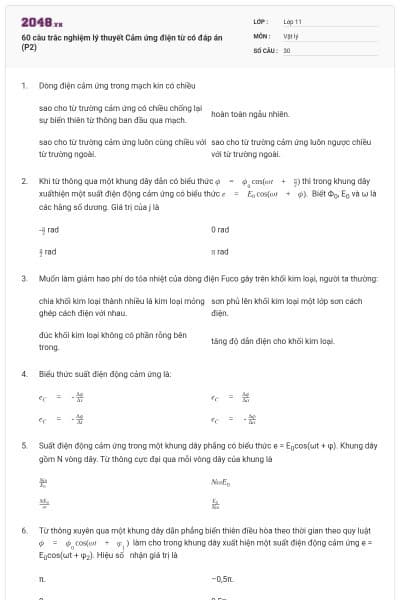 60 câu trắc nghiệm lý thuyết Cảm ứng điện từ có đáp án (P2)