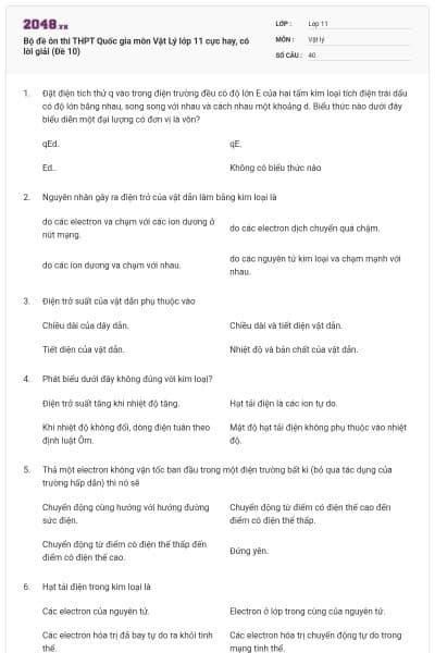 Bộ đề ôn thi THPT Quốc gia môn Vật Lý lớp 11 cực hay, có lời giải (Đề 10)