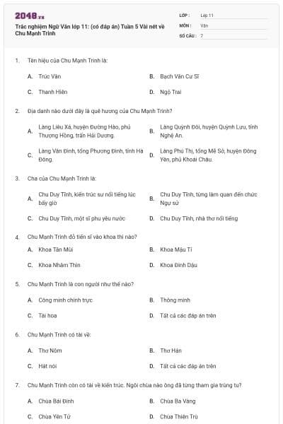 Trắc nghiệm Ngữ Văn lớp 11: (có đáp án) Tuần 5 Vài nét về Chu Mạnh Trinh