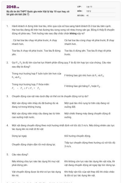 Bộ đề ôn thi THPT Quốc gia môn Vật lý lớp 10 cực hay, có lời giải chi tiết (Đề 7)