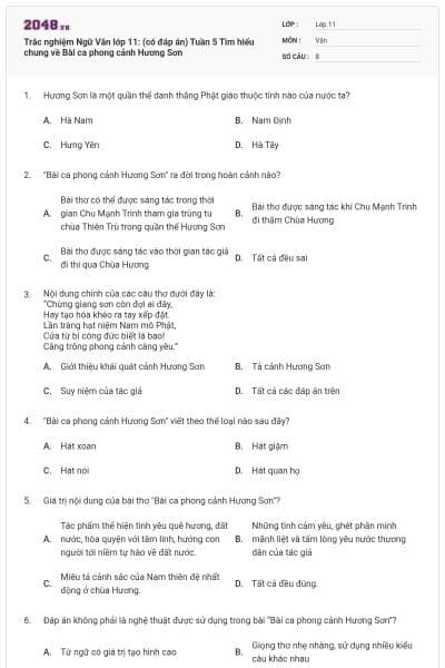 Trắc nghiệm Ngữ Văn lớp 11: (có đáp án) Tuần 5 Tìm hiểu chung về Bài ca phong cảnh Hương Sơn