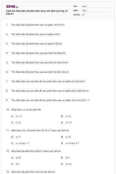 Cách tìm điều kiện để phân thức được xác định cực hay, có đáp án