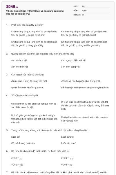90 câu trắc nghiệm lý thuyết Mắt và các dụng cụ quang cực hay có lời giải (P2)