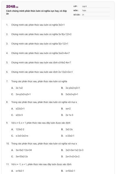 Cách chứng minh phân thức luôn có nghĩa cực hay, có đáp án