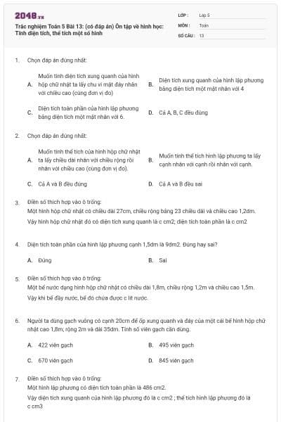 Trắc nghiệm Toán 5 Bài 13: (có đáp án) Ôn tập về hình học: Tính diện tích, thể tích một số hình