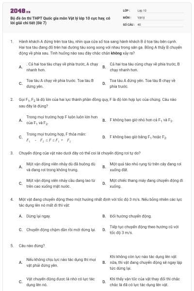 Bộ đề ôn thi THPT Quốc gia môn Vật lý lớp 10 cực hay, có lời giải chi tiết (Đề 7)