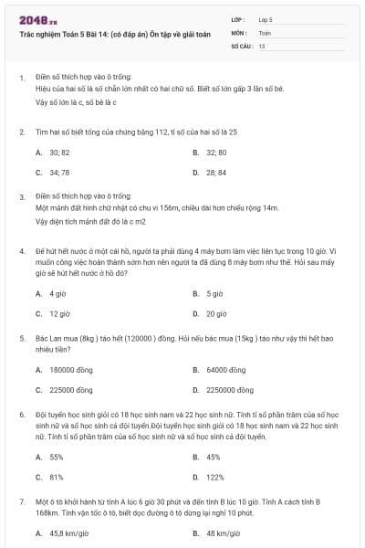 Trắc nghiệm Toán 5 Bài 14: (có đáp án) Ôn tập về giải toán