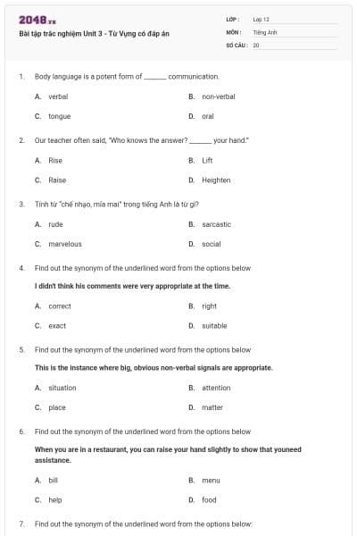 Bài tập trắc nghiệm Unit 3 - Từ Vựng có đáp án