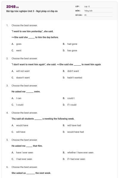 Bài tập trắc nghiệm Unit 3 - Ngữ pháp có đáp án