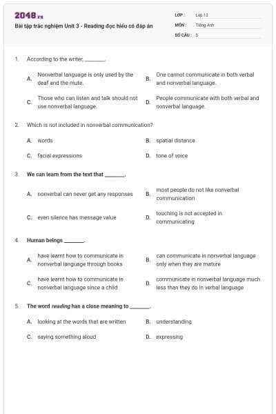 Bài tập trắc nghiệm Unit 3 - Reading đọc hiểu có đáp án