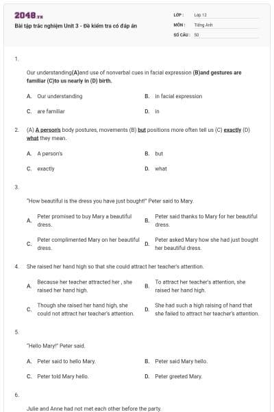 Bài tập trắc nghiệm Unit 3 - Đề kiểm tra có đáp án