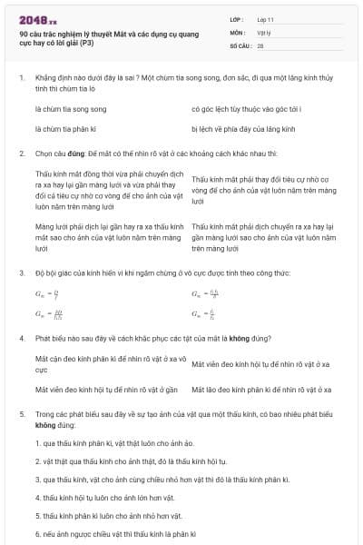 90 câu trắc nghiệm lý thuyết Mắt và các dụng cụ quang cực hay có lời giải (P3)
