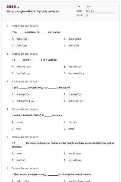 Bài tập trắc nghiệm Unit 5 - Ngữ pháp có đáp án